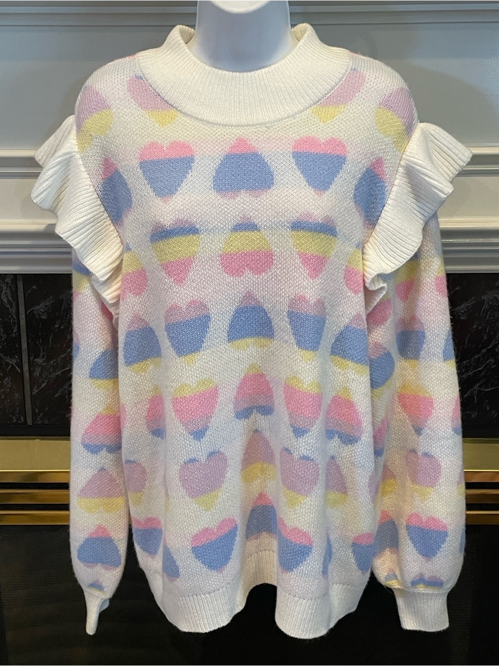Crown & Ivy Rainbow Heart Ruffle Sweater